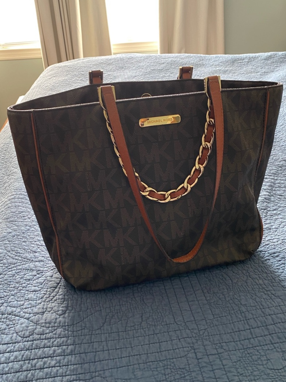 Michael Kors Dark Brown MK Logo Chain-Trim Tote